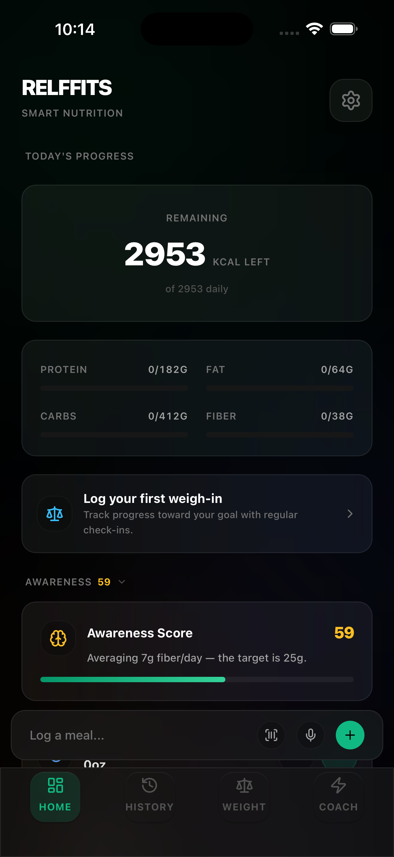 Relffits app dashboard showing daily calories, macros, and Awareness Score