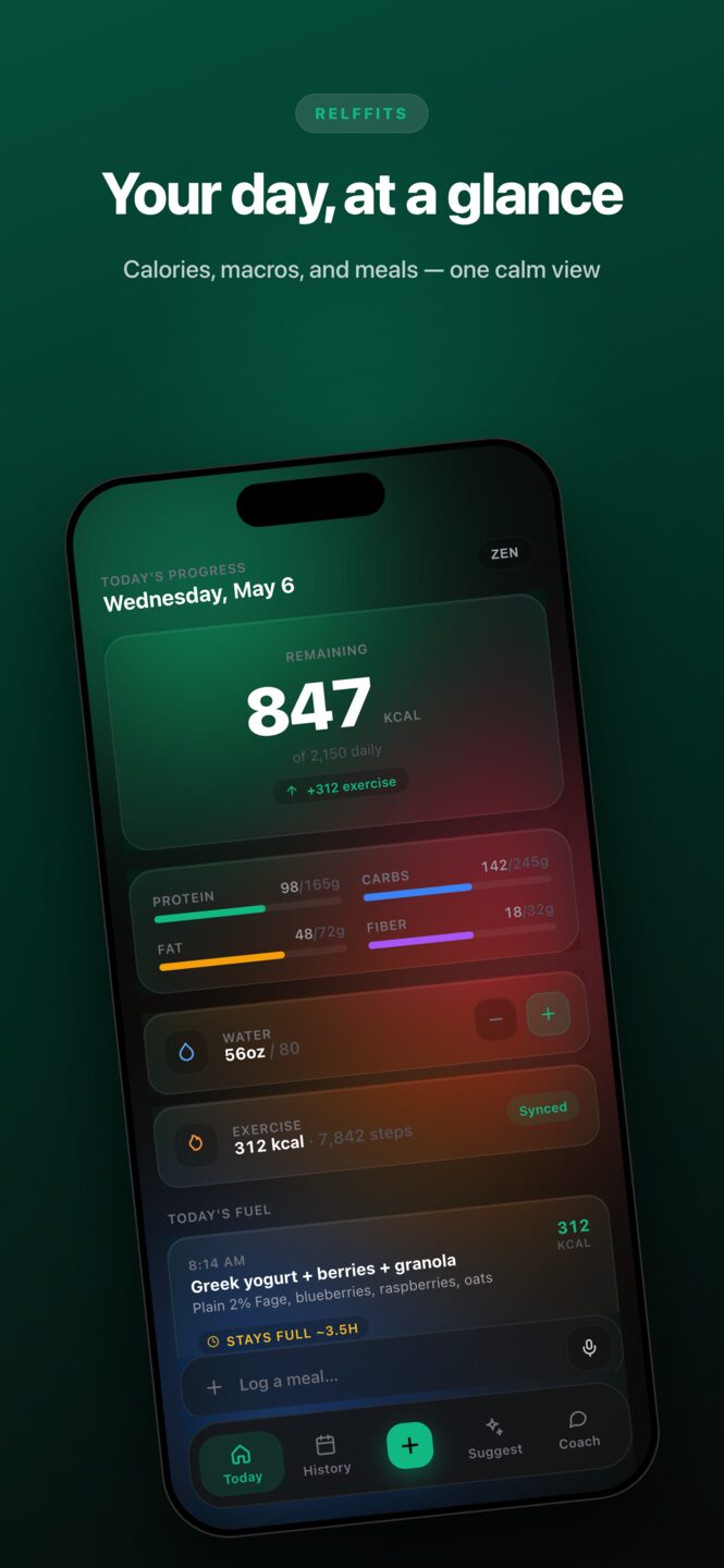 Dashboard at a glance: calories, macros, and meals in one calm view