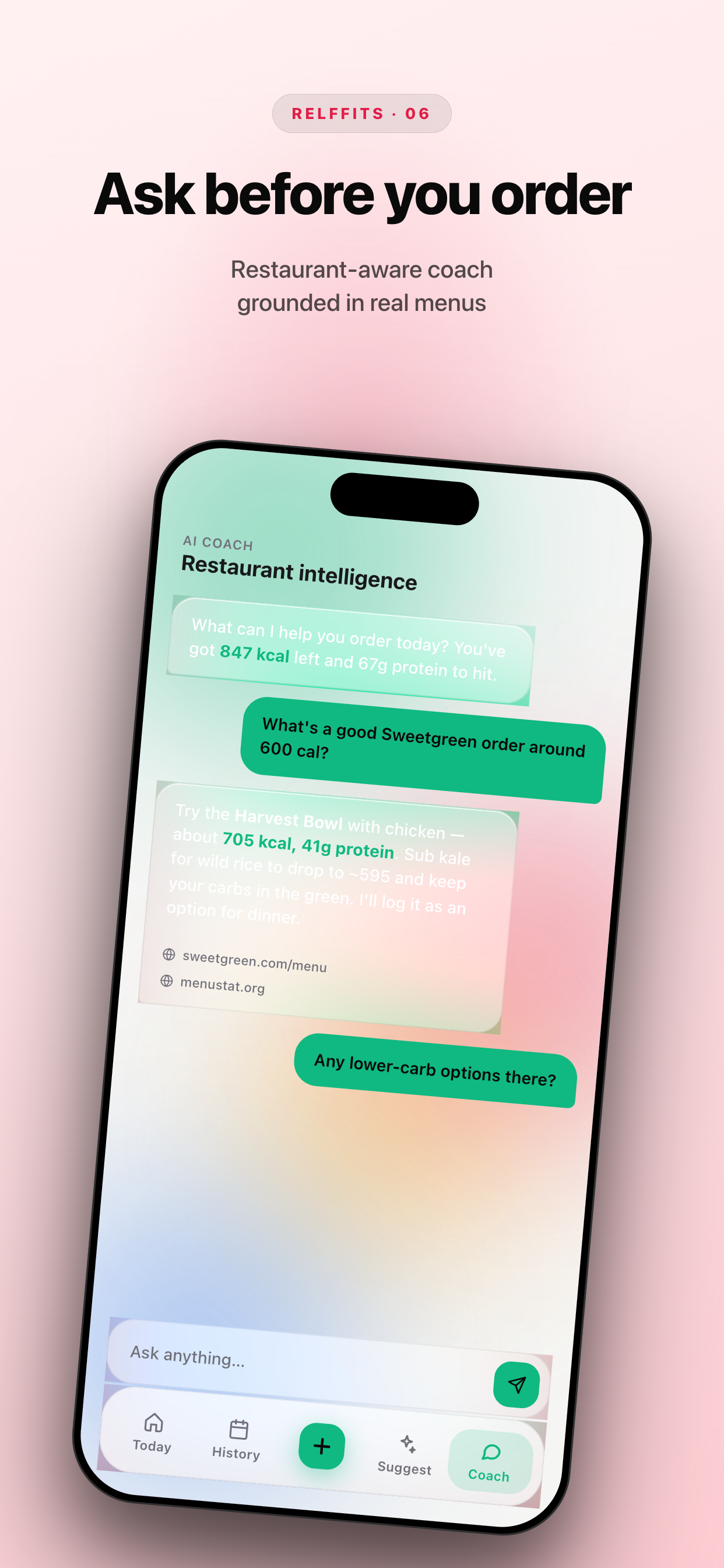 Coach chat — restaurant-aware AI grounded in real menus