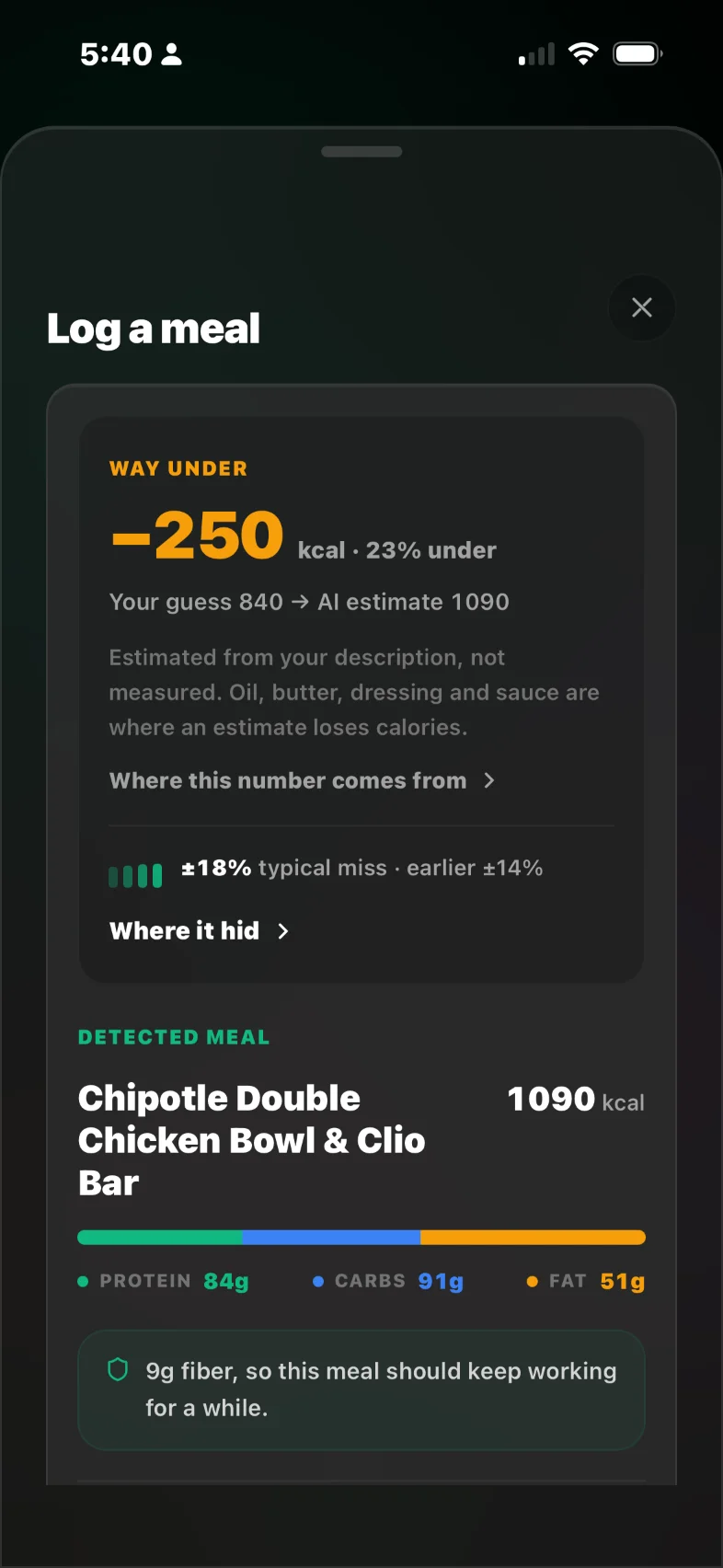 The calibration report: your guess next to the AI's estimate